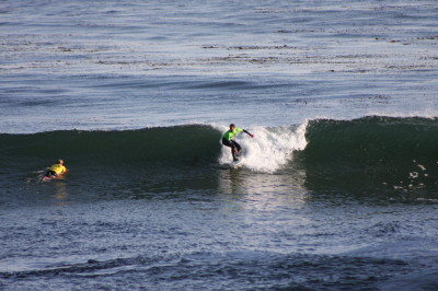 The surfer stands and is turning right by leaning his body so that he can see the wave over his right shoulder.
