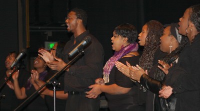 San Jose New Restoration Mass Choir performs at the “Lift Every Voice” Gospel Musical Concert in SJCC theater on Feb. 20.