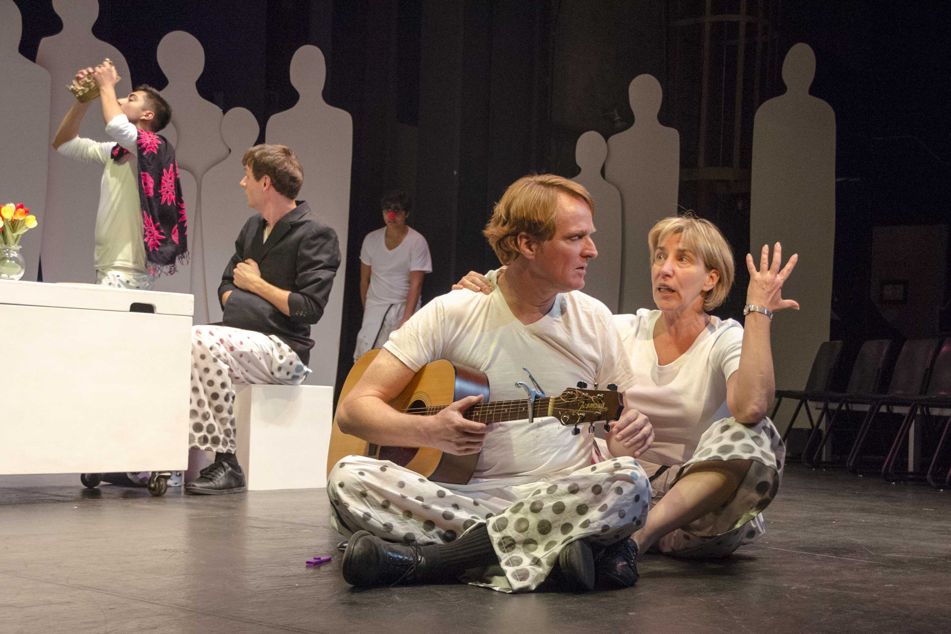 (from left) Riki Cano De Anda, Nikolay Botev, Momo Bedier, Michael Lee Lund, and Elena Reshetova in San Jose City College Theater Arts production of Love and Information at their dress rehearsal on November 4