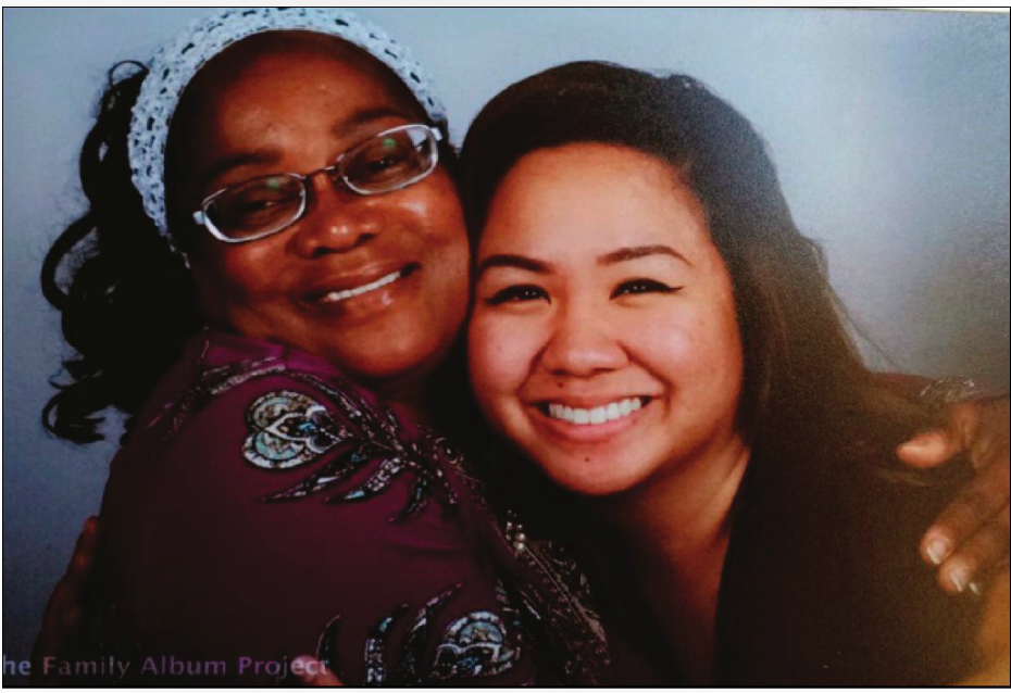 Shannon Bulosan, right, cosmetology senior student at San Jose City College, connects with Anna Moore.