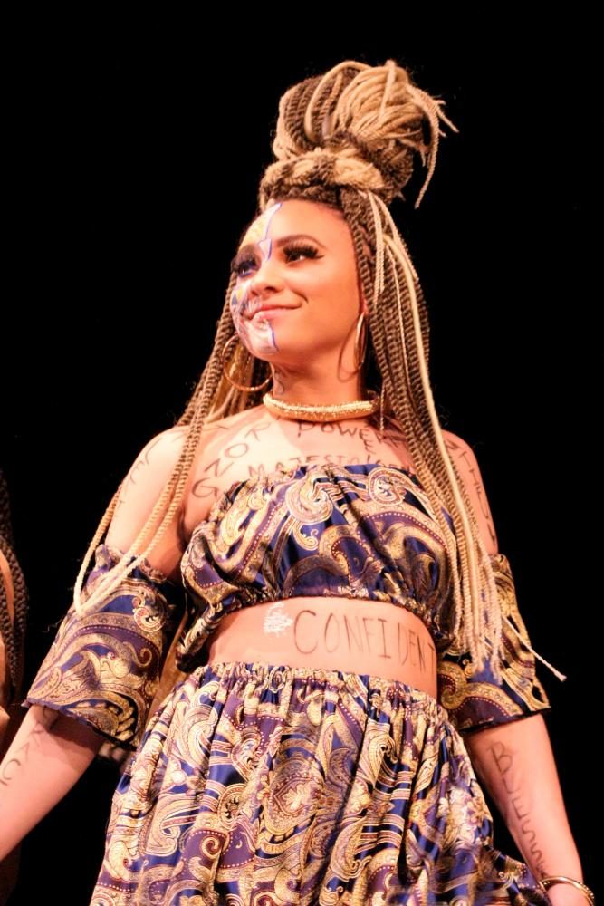 Senior cosmetology student Shari Allen models technician Destinee Barnes African Queen look in the avant garde category the Evolution of Beauty hair show in the San Jose City College Theater Friday April 28. 