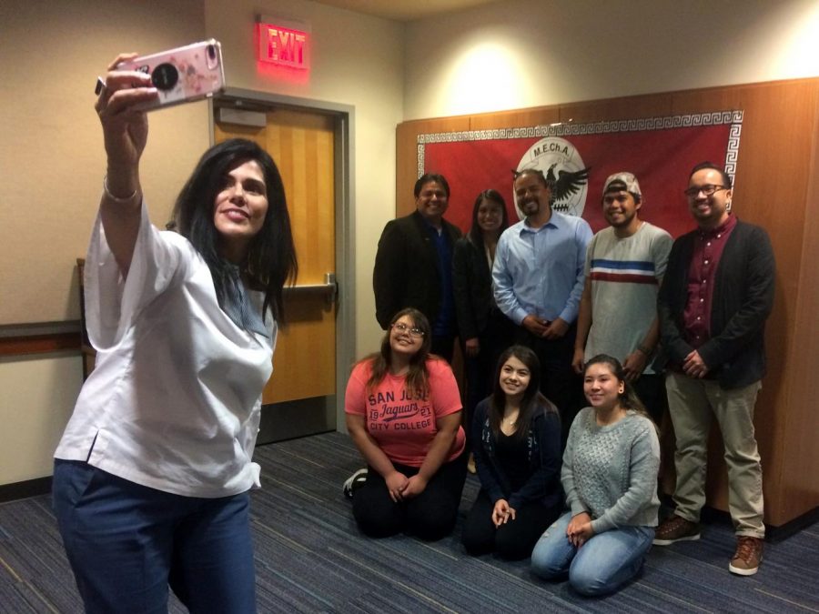 San Jose Vice Mayor Magdalena Carrasco poses for a selfie with students and faculty members of Movimiento Estudantil Chicano de Aztlan, who organized her speech on campus on Oct. 12 to honor Latino Heritage Month.