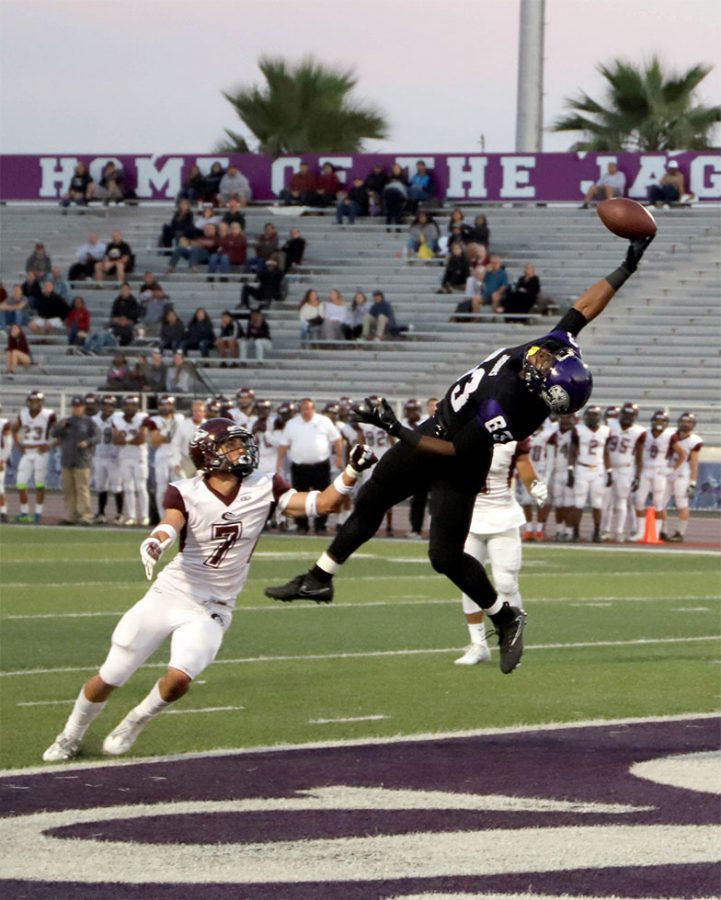 Jaguars WR Nathaniel Strong (83) makes an acrobatic catch over DB Anthony Saavedra (7) during the first quarter to give San Jose City College the early lead 6-0 againts visiting Monterey Peninsula College Saturday, Sept 16.