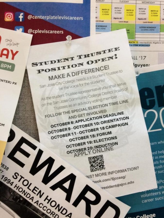An ASG flyer advertising the special election for a replacement student trustee fights for attention among other postings on a message board in the Student Services Center.