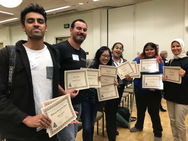From left to right: Rudrik Suthar, Benjamin Castro, Tammy Do, Melissa Maria Martinez, Magnolia Lonero, and adviser Farideh Dada display the on-the-spot and publication awards won by the past and present Times staff at the 2017 NorCal JACC Conference at De Anza College on Saturday, Oct. 21. 