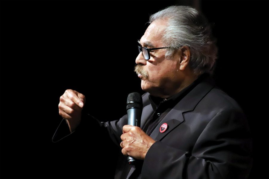 Luis Valdez speaks to a packed crowd in the SJCC Campus Theater on Oct. 21.
