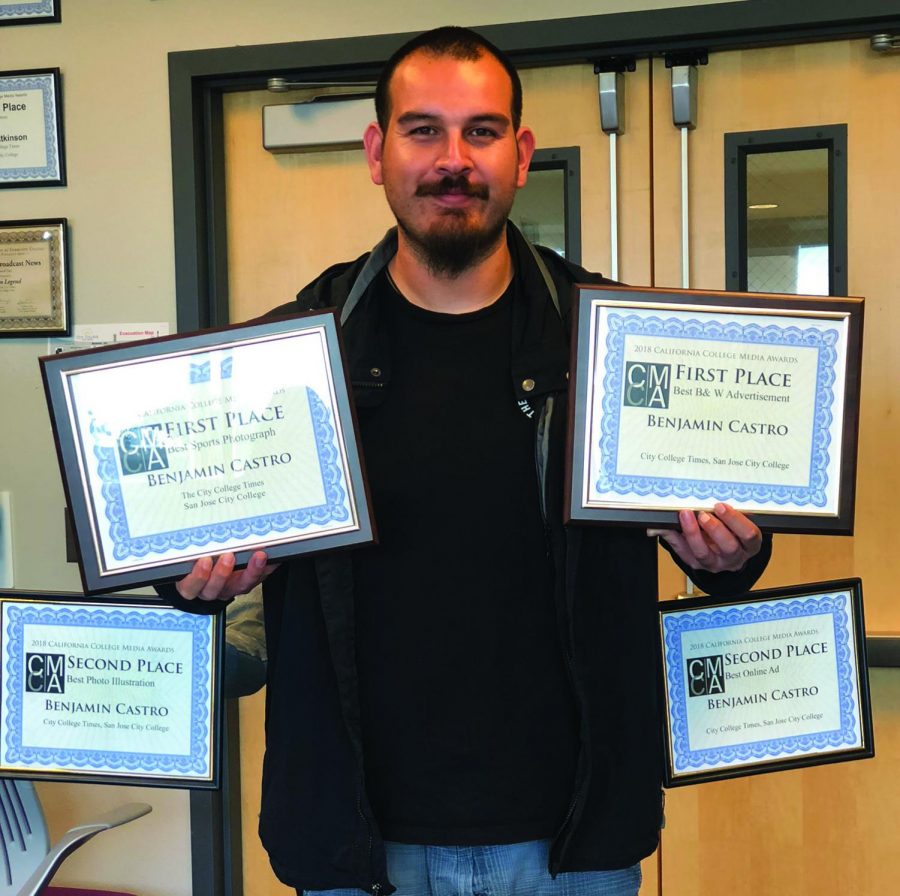 Editor Benjamin Castro has four awards, but only two hands.