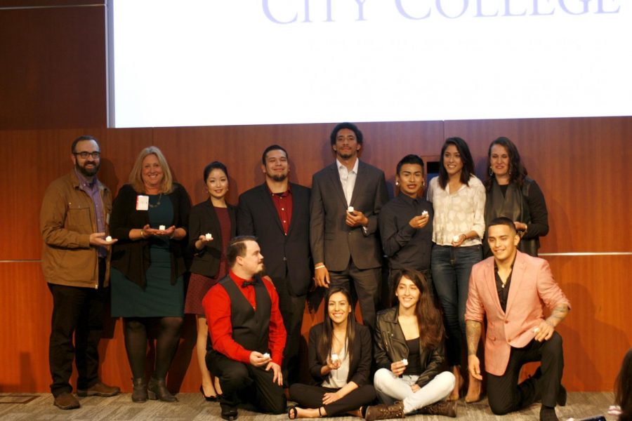 Faculty and students pose at the end of the Let Your Life Speak event in downtown San Jose’s Adobe headquarters. From left, top to bottom: Chris Lancaster, Leslyn McCallum, Lilia Huang, Angel Coronado, Steven Sciplin, Ivan Perez, Rachel Davis, Shelley Giacalone, Kris Menge, Sabrina Maciel, Galy Jimenez and Thomas Guiterrez on March 23, 2018.