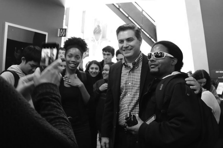Jim Acosta and J Blue Sanders posing for pictures inside Hammer Theater downtown San Jose, CA