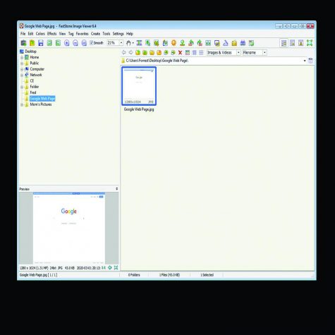 Photo of desktop FastStone Image Viewer Mar. 1. There is a left column of folders, right row of one photo and a preview panel below column of folders that allows anyone to preview their photos.