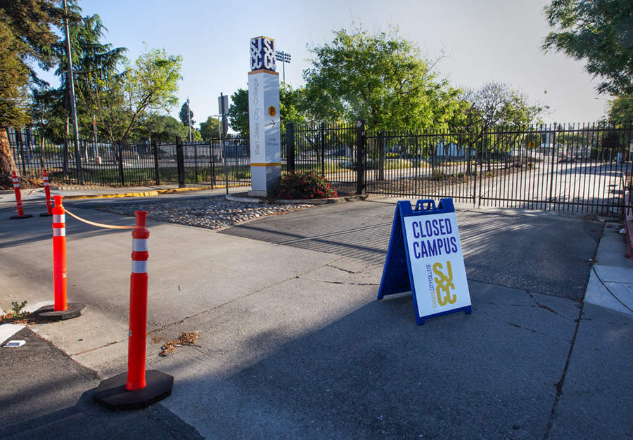 A Campus closed sign blocks the entrance to SJCC during the shelter-in-place order. SJCC plans to remain closed through Dec. 17.