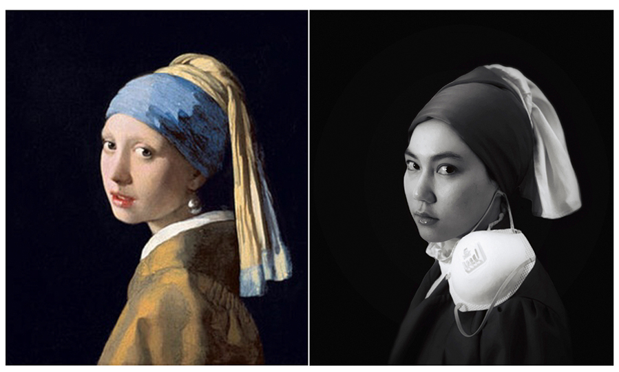 SJCC photography student Chenchen Jiang recreates Johannes Vermeer’s Girl with a Pearl Earring using her cell phone camera. The SJCC photography class restaged classic works of art while sheltering-at-home.