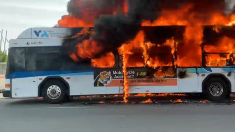 The Route 61 VTA bus is engulfed by flames near SJCC on May 7.