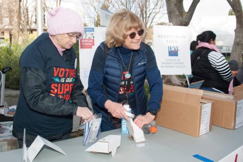 Left, Ann Fynn, member of the League of Women Voters of Diablo Valley and Suzan Requa, President of the league, at the Contra Costa Women’s March 2020 in Walnut Creek Civic Park. 
Picture courtesy of League of Women Voters of Diablo Valley

