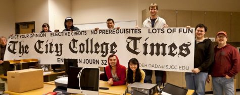 Archive photo: San Jose City College Times staff hold the publication banner in the newsroom December 2012. 