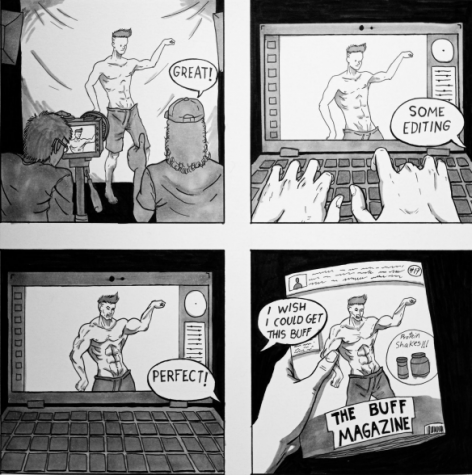 The comic strip is about photo manipulation. Photos are being edited to almost unrealistic expectations, causing viewers to be sad about themselves.