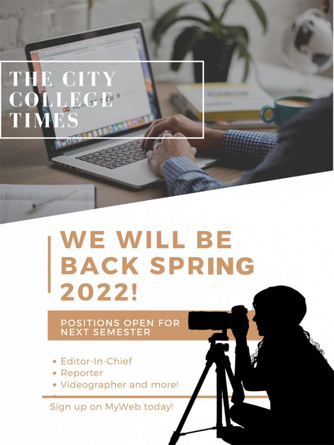 The City College Times is done for the semester! The Times will return Spring 2022 and will be back with campus news, features and more! The Times encourages students to sign up and be a part of the staff. Any questions can be sent to citycollegetimes@jaguars.sjcc.edu or to adviser Farideh Dada at farideh.dada@sjcc.edu