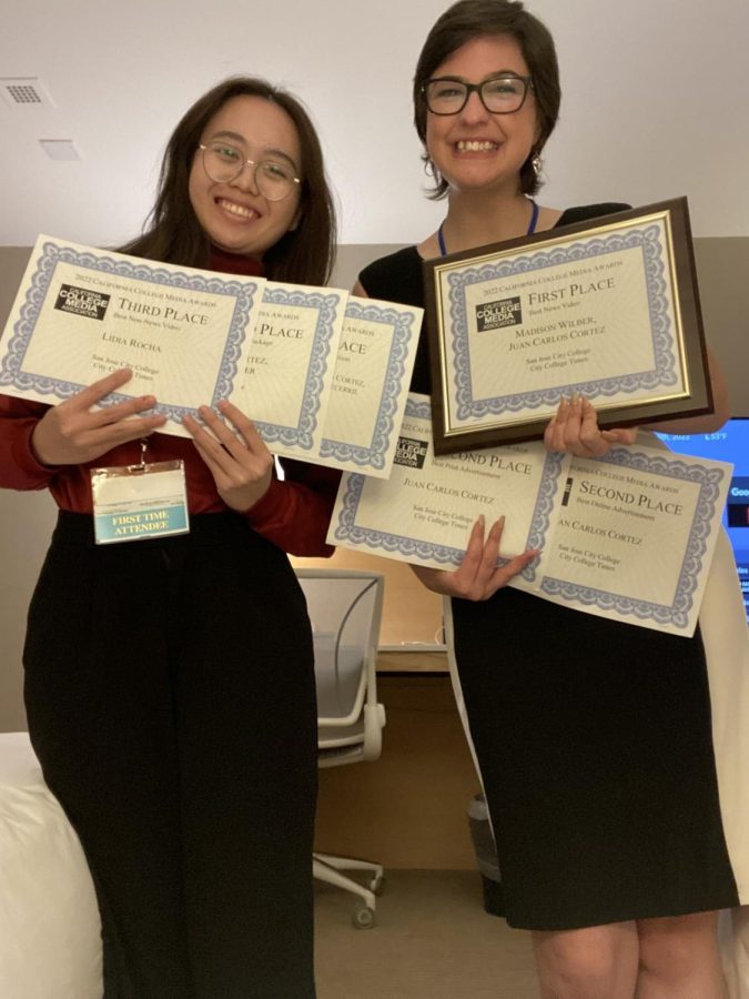 Student journalists Vy Nguyen (left) and Madison Wilber show off their awards at the Associated Collegiate Press National College Media Conference in Long Beach on March 5.