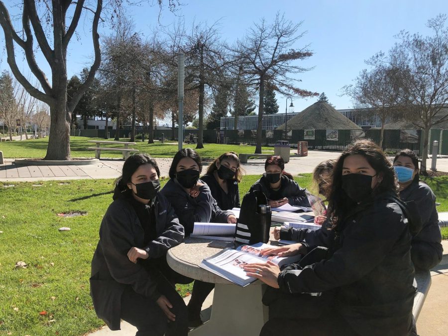 A group of female students at SJCC prepare for an upcoming exam near the Cosmetology Center on Thursday, March 10.