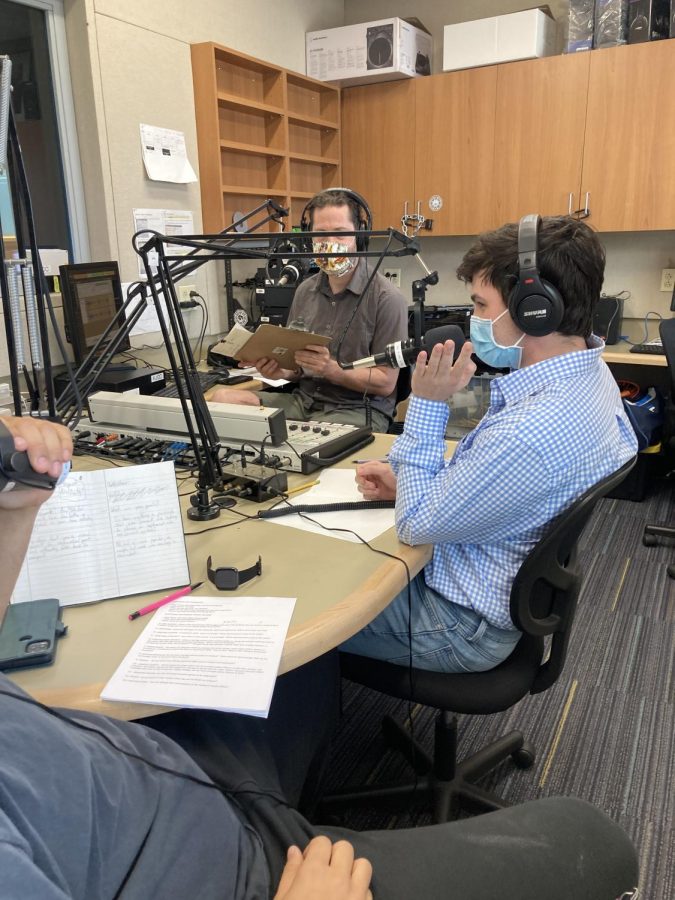 ASG President-elect Leif Benson ( blue shirt), interviewed by Drew Glover ( next to Leif in the right side) at KJCC Radio during a live ASG Election Forum on April 6.