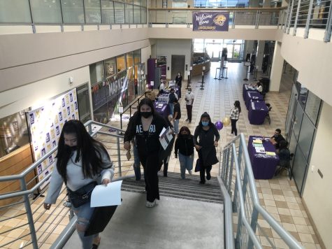 High school students walked to the 2nd floor of the Chang Student Center on May 3.