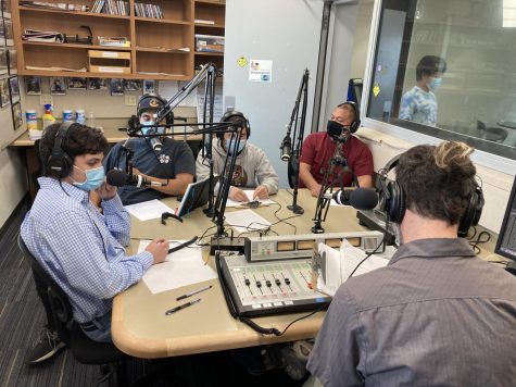 ASG President-elect Leif Benson ( blue shirt), interviewed by Drew Glover ( next to Leif in the right side) at KJCC Radio during a live ASG Election Forum on April 6