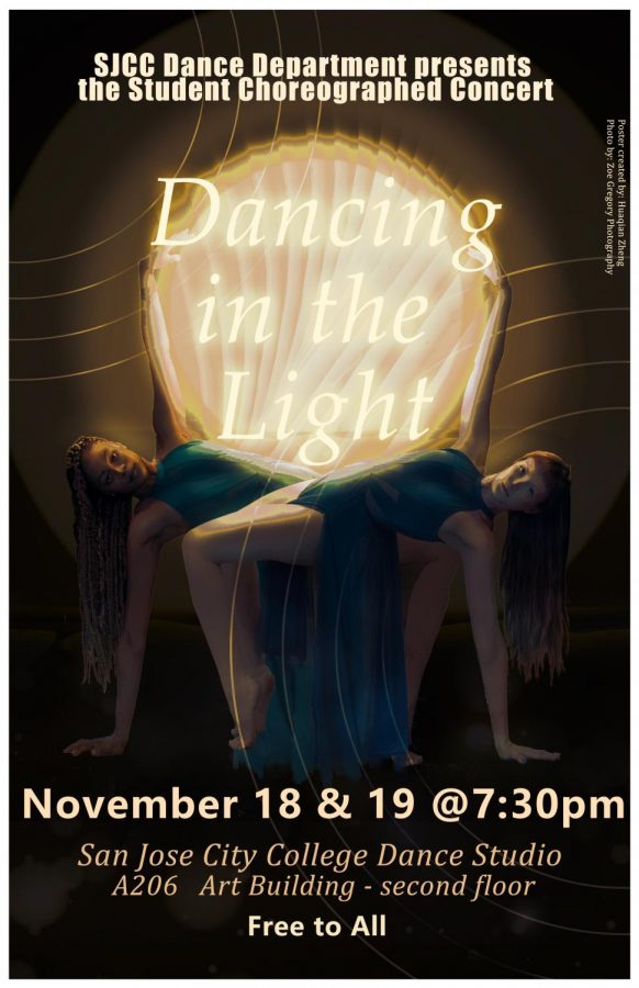 A poster for the dance performance provided by SJCC Dance Department. The performance will take place in the Arts Building, room 206 at 7:30 pm., on Friday and Saturday.