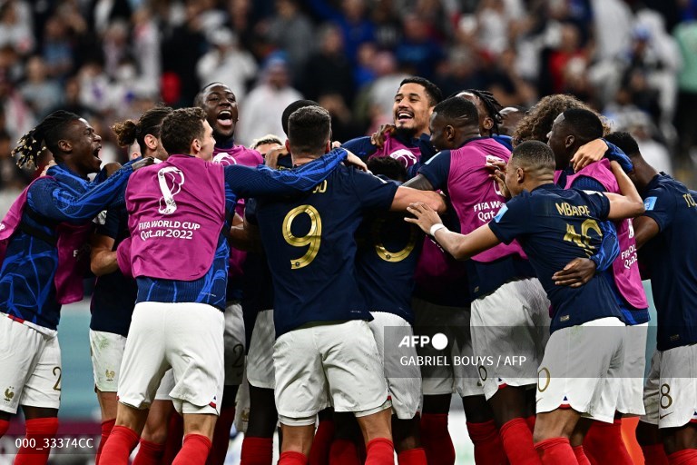 France celebrates their win over England in the quarterfinals of the 2022 World Cup.
