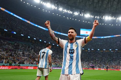 Lionel Messi celebrates after scoring a goal versus Croatia during the 2022 FIFA World Cup.