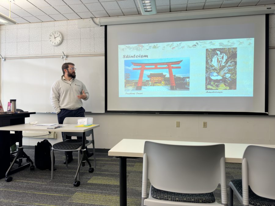 Kai Wiesner-Hanks, a representative of the San Franciscos Consulate General of Japan, gives a lecture about Japanese yokai to the SJCC students and staff in the buisness building in room 201 on March 8.