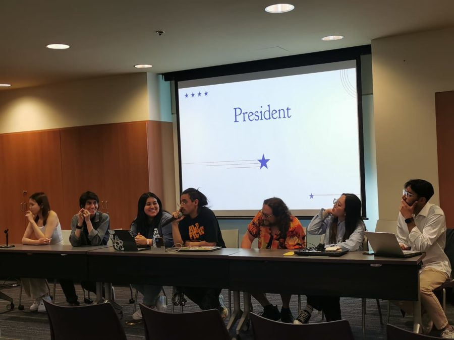 From left to right: Namuunaa Batbold, Kiana Bakrani, Valeria Herrera, Ron Ferrari, Israel Golden, Vy Ngunyen and Hyder Gaz who all attended the Associated Student Government debate to present their campaign proposals for seven open positions on Thursday, April 20.