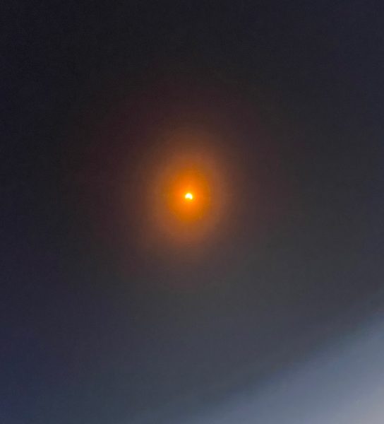 The solar eclipse as seen from SJCC at 11:08am. The image was taken through eclipse glasses. April 8th, 2024.