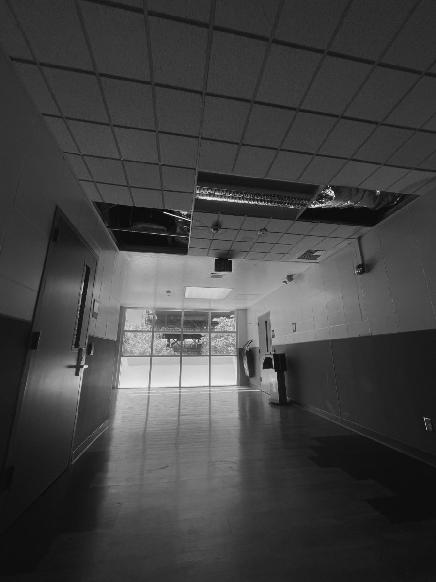 Missing ceiling blocks in this hallway leaves overhead water pipes exposed to students, in San Jose, April 3rd 2024.
