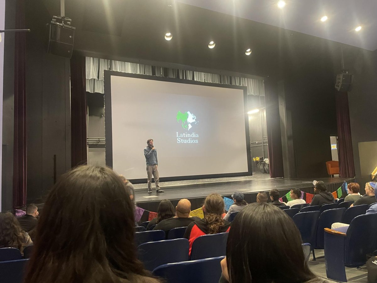 Eduardo Chavez speaks to an audience before a showing the film "Hailing Cesar" at SJCC’s theatre on Sept. 15, 2024. 
