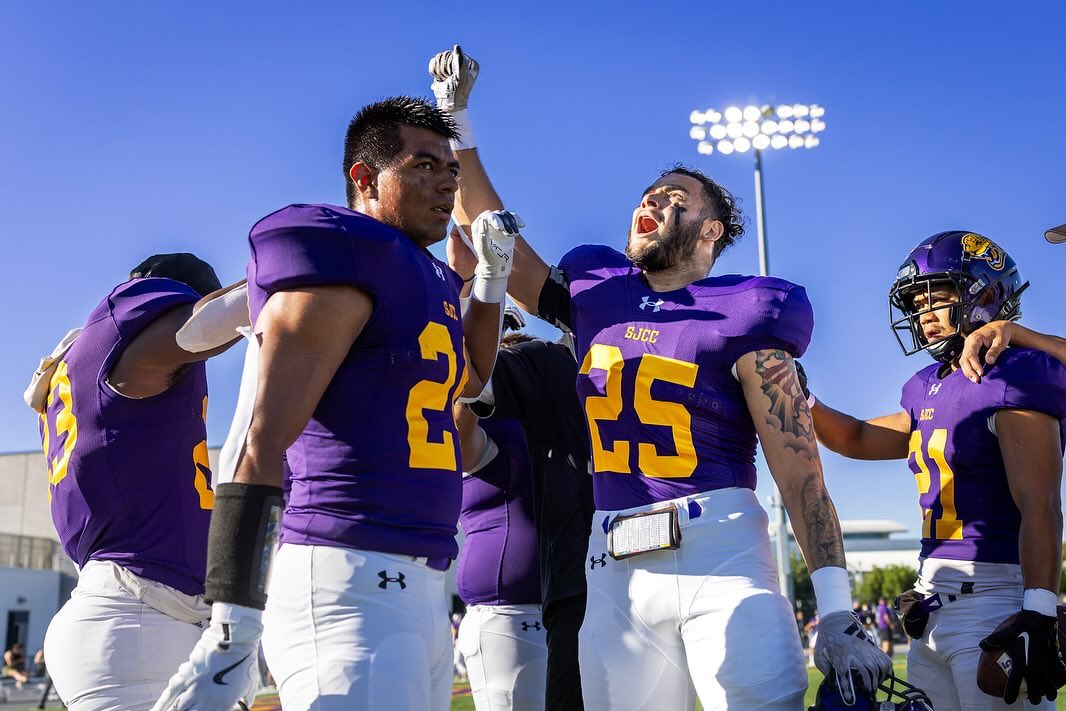 San Jose City College running back Jesse Lajes (25) and teammates celebrate win versus Yuba Community College on Saturday, Sept. 7 at Jaguars Stadium. 