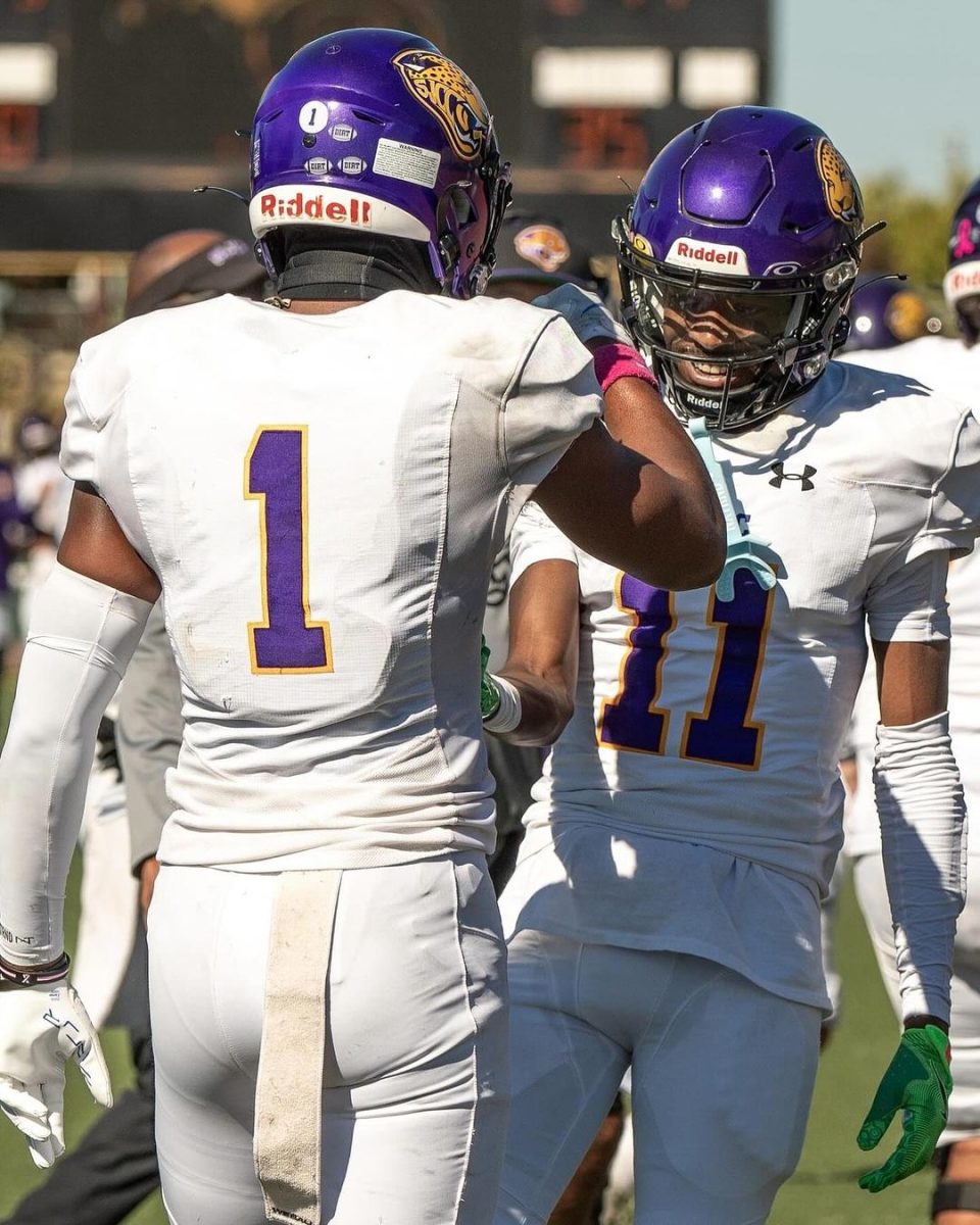 Junior wide receiver Jamir Shephard celebrates with freshman wideout Jacquez Walker after a touchdown against Chabot College on Saturday, Oct. 19, 2024