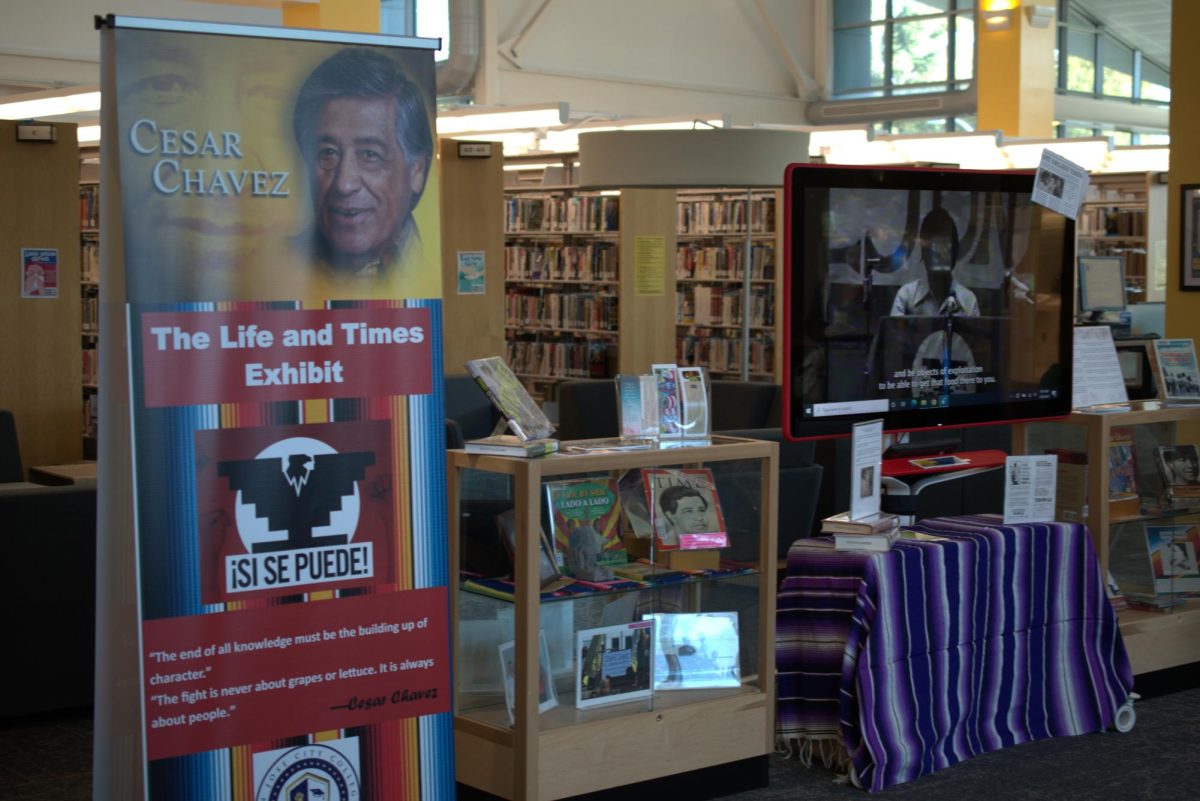 In tribute to Cesar Chavez's legacy, a combination of artifacts and media sit at the second-story entryway of the Cesar Chavez Library. 