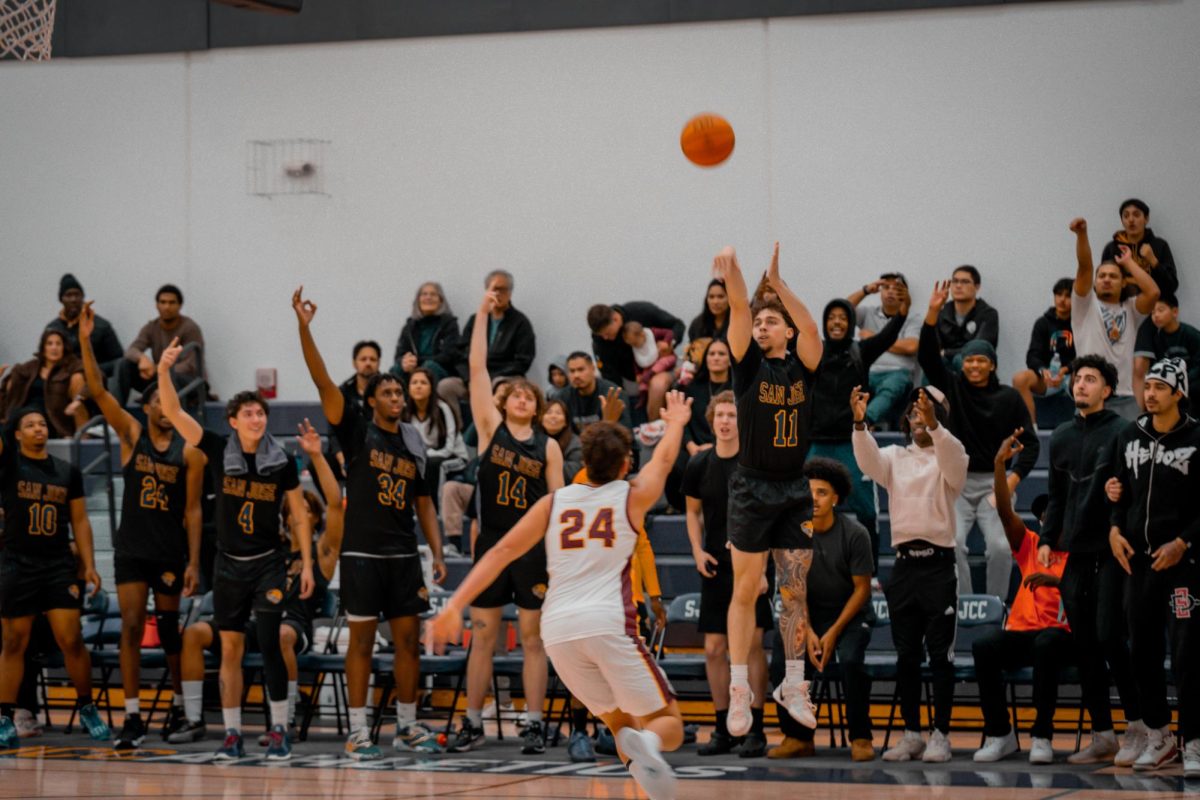 Sophomore guard Luke Dillon attempts a 3-pointer, as the Jaguars bench stands in suspense behind him. // Anthony Vasquez for the City College Times