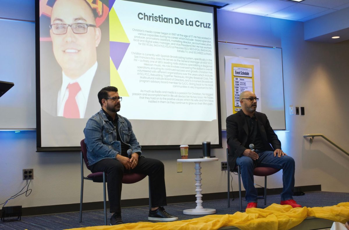 Speakers Erick Morales (left) and Christian de la Cruz (right) on stage at the Oct. 25 symposium. 