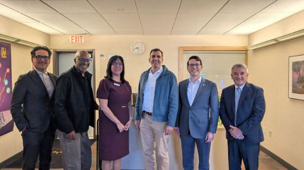 From left to right: EVC President Vinicio Lopez, Board of Trustees President Tony Alexander, Chancellor Beatriz Chaidez, Congressman Sam Liccardo, Trustee Clay Hale, SJCC President David Wain Coon