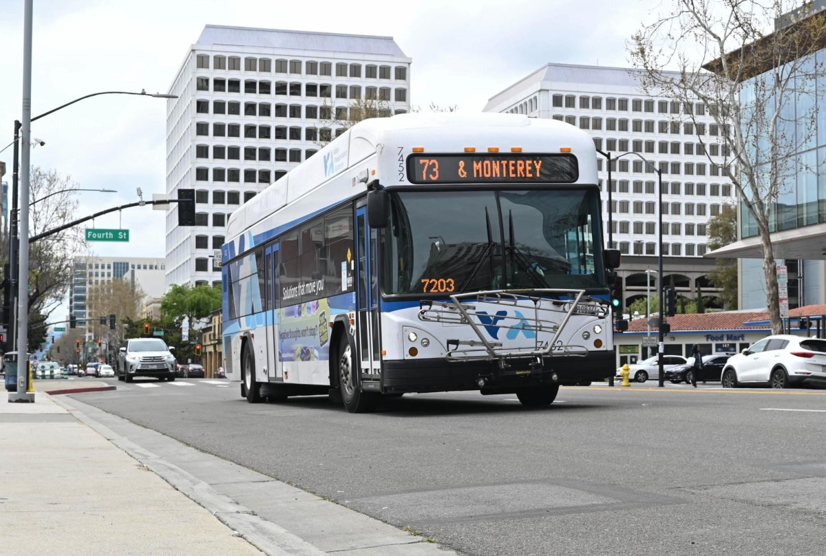 A VTA bus on Santa Clara St. on April 7, after service restoration.