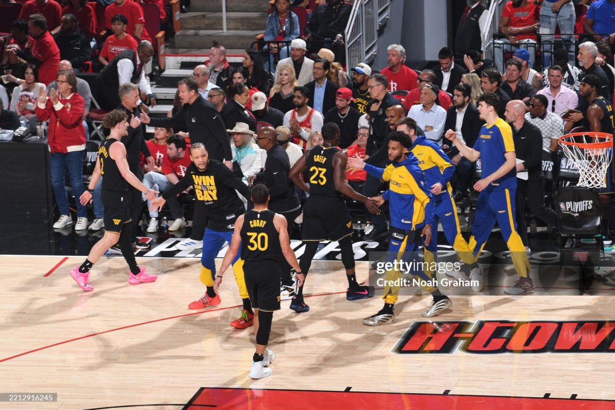 The Golden State Warriors look on during the game against the Houston Rockets during Round 1 Game 7 of the 2025 NBA Playoffs on February 1, 2025 at the Toyota Center in Houston, Texas. (Photo by Noah Graham/NBAE via Getty Images)