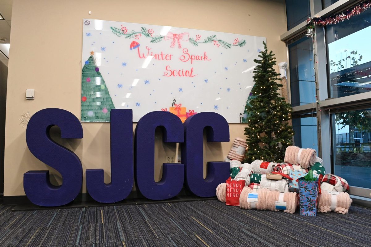 A Christmas tree welcomes students at the Winter Spark Social.